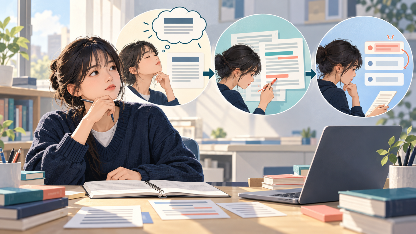 고등학생이 영어 지문을 핵심 주장 회상, 근거 표시, 변형 선택지 검산의 세 단계로 복습하는 창작 학습 장면